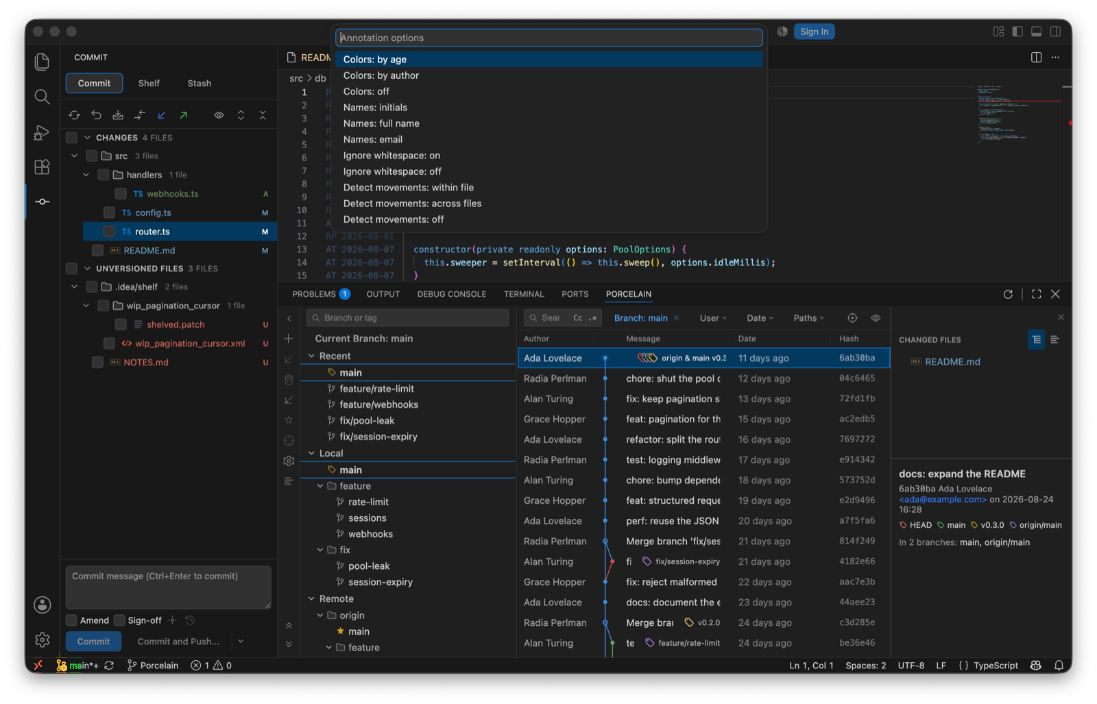 The Annotation options quick pick: Colors by age, by author, off; Names initials, full name, email; Ignore whitespace on, off; Detect movements within file, across files, off.