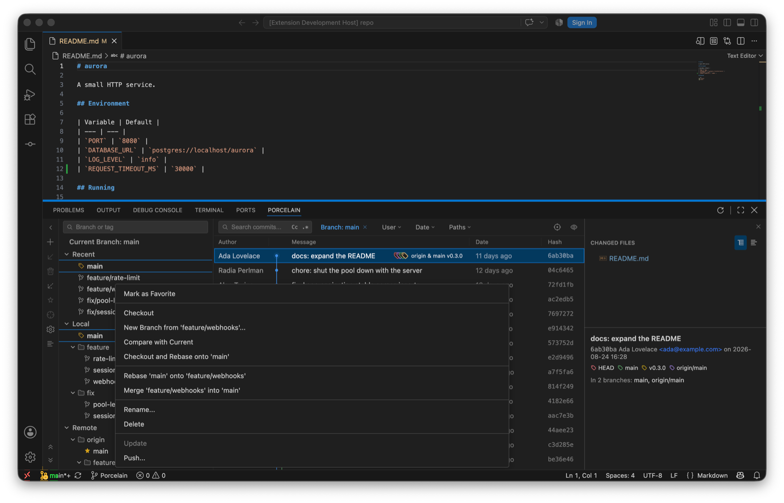 The context menu on feature/webhooks: Mark as Favorite, Checkout, New Branch from feature/webhooks…, Compare with Current, Checkout and Rebase onto main, Rebase main onto feature/webhooks, Merge feature/webhooks into main, Rename…, Delete, Update greyed out, Push….