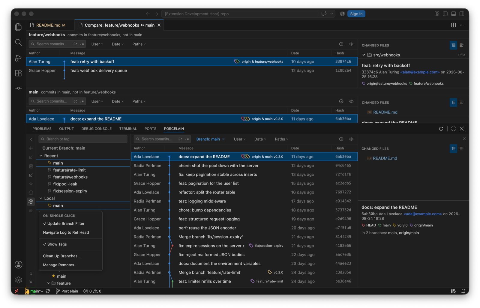 The branch pane gear menu open: On single click with Update Branch Filter ticked and Navigate Log to Ref Head, Show Tags ticked, then Clean Up Branches… and Manage Remotes….