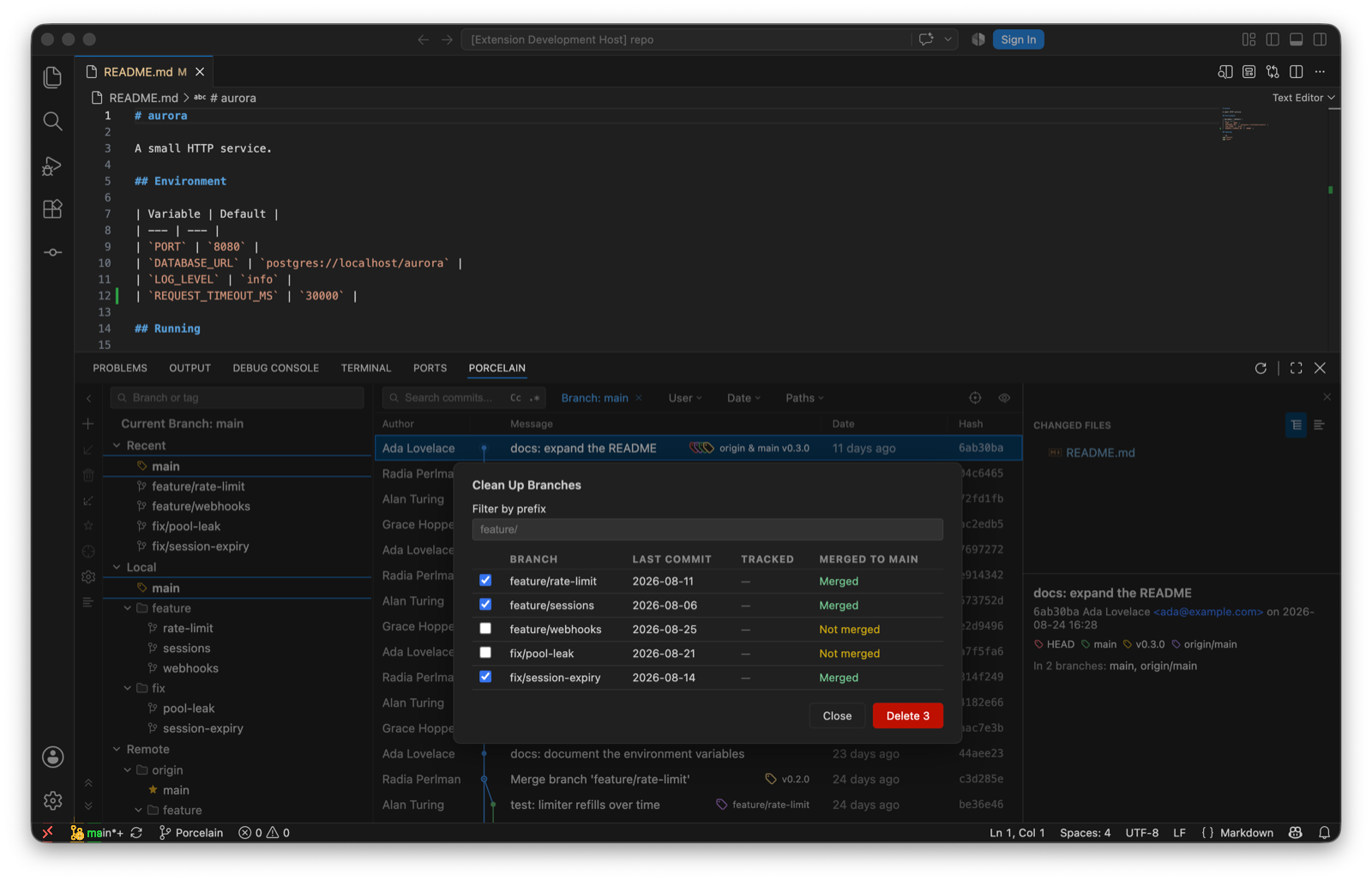 The Clean Up Branches dialog: a Filter by prefix field, and a table of five local branches with last commit date, tracked branch and merge status. The three merged branches are ticked; the button reads Delete 3.