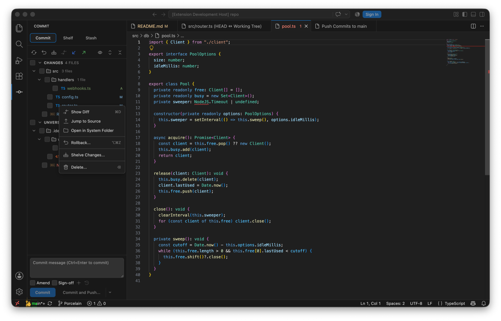 The Commit view with the context menu open on router.ts: Show Diff ⌘D, Jump to Source, Open in System Folder, Rollback… ⌥⌘Z, Shelve Changes…, Delete….