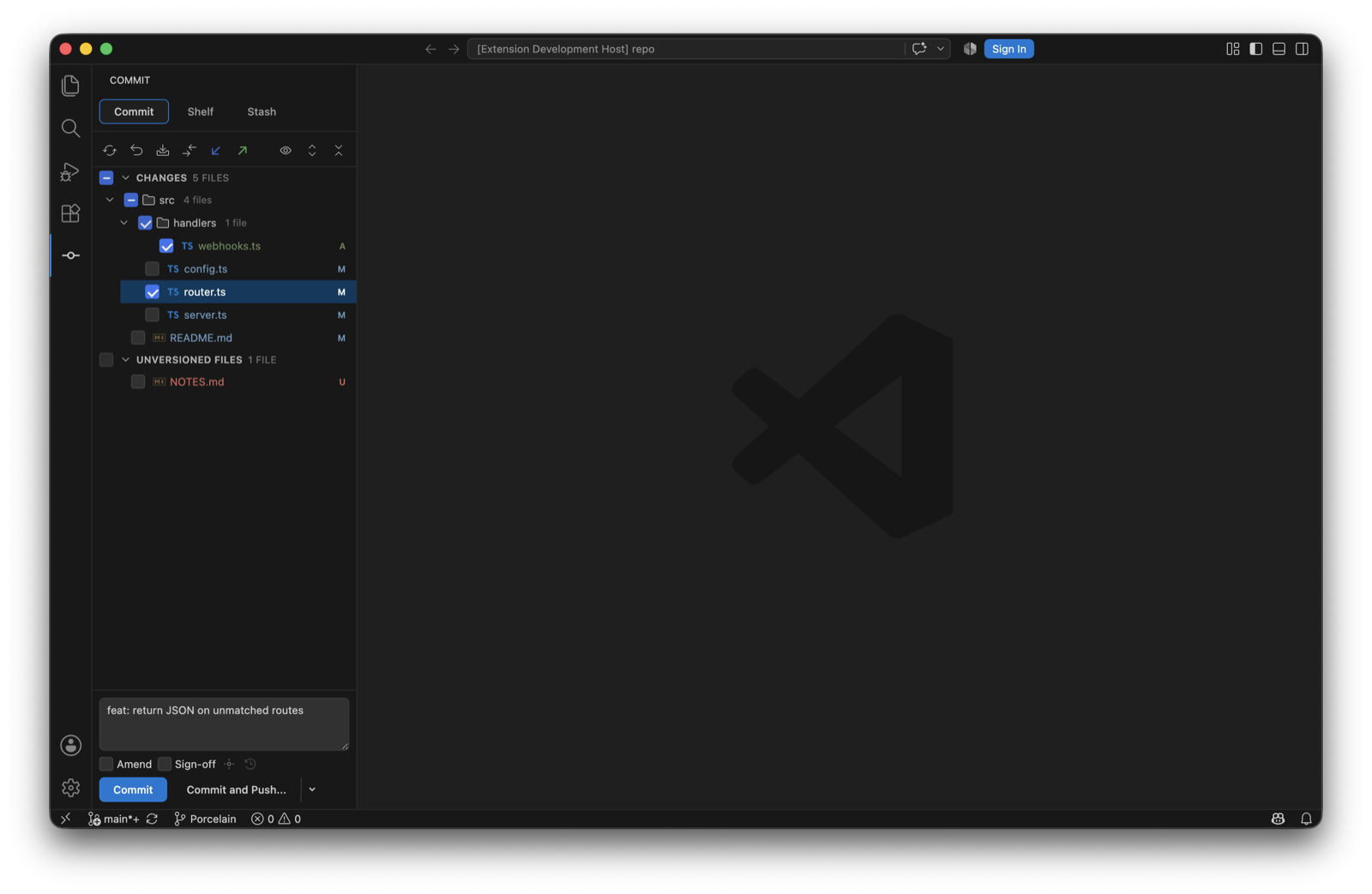 The Commit tool window. A Changes group lists five files with checkboxes, some ticked and some not, each marked with its status letter. Unversioned files sit in their own group below. A commit message is typed underneath, above Commit and Commit and Push buttons.