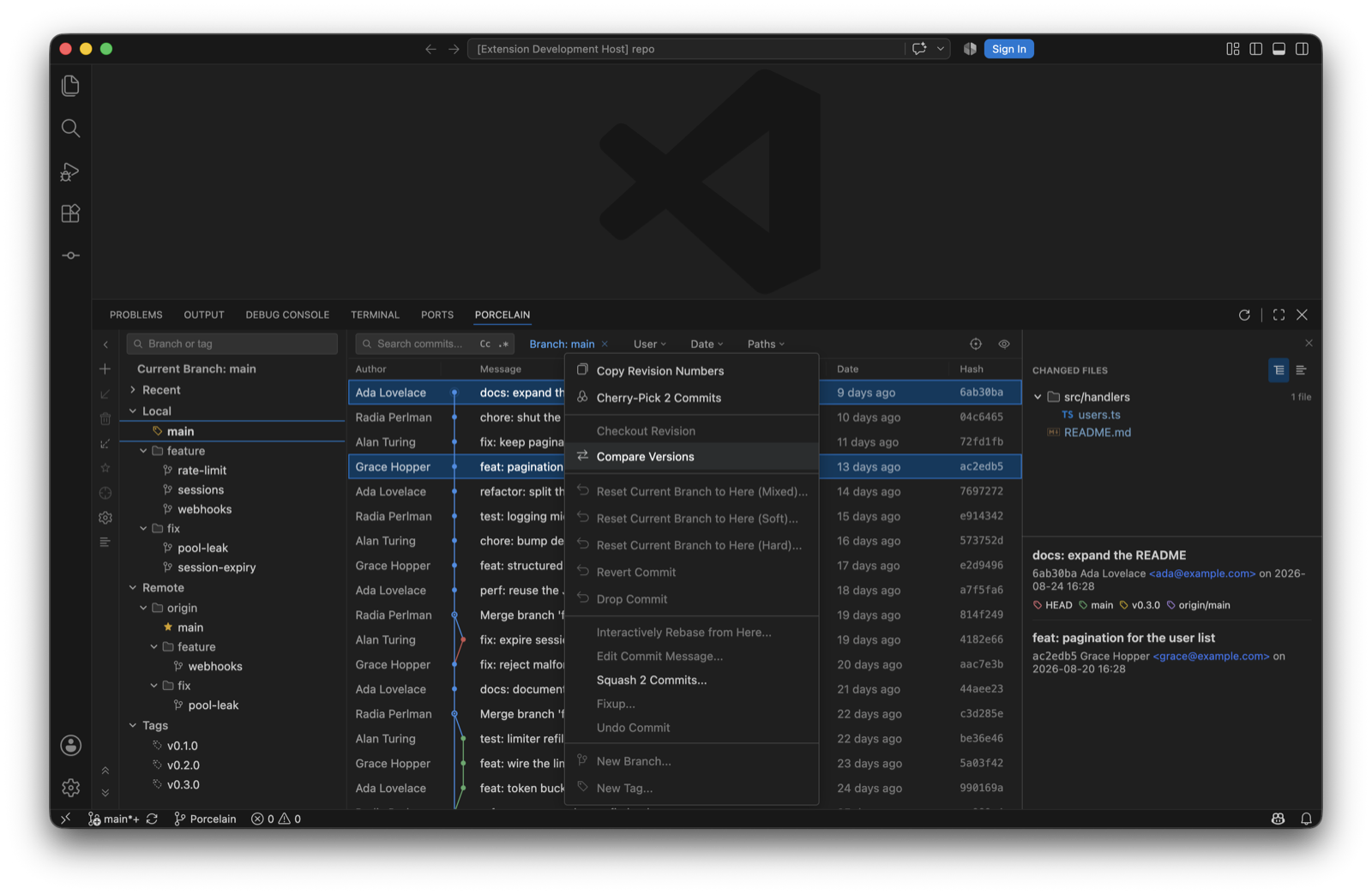 The commit list with two commits highlighted and the context menu open. Compare Versions is highlighted; the single-commit actions are greyed out.