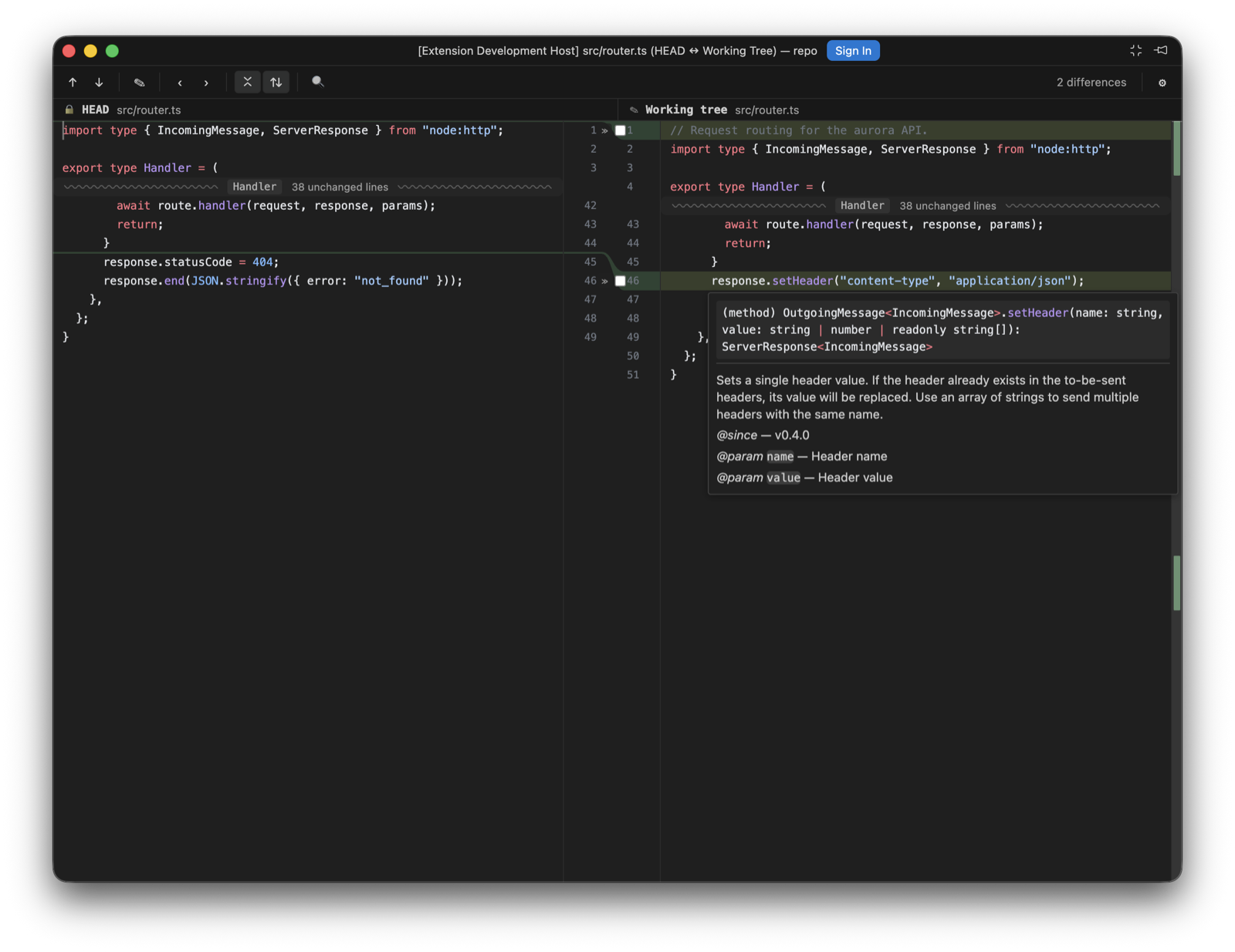 A HEAD versus working tree diff of router.ts in its own window. On the working-tree side a hover card sits under response.setHeader with the TypeScript signature, the method's documentation and its @param lines. Both panes show a collapsed run whose separator reads Handler, 38 unchanged lines.