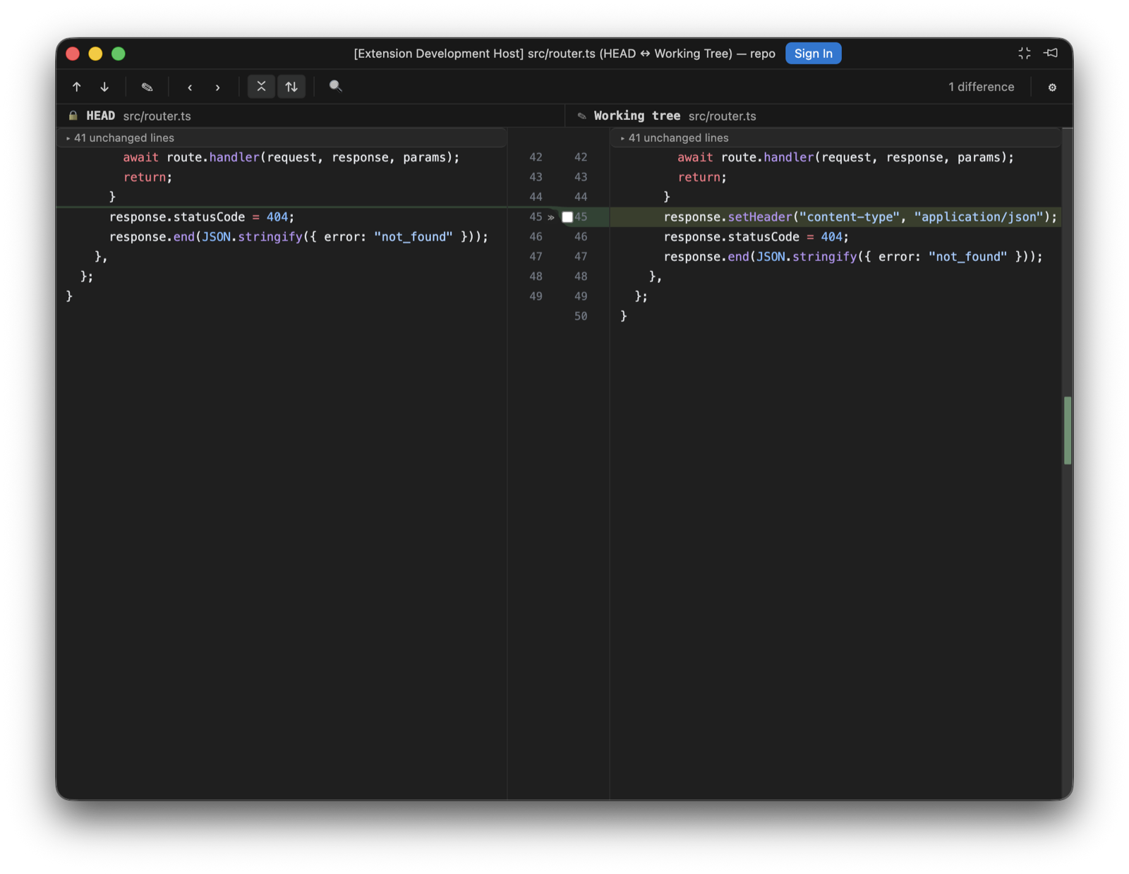 A HEAD ↔ Working Tree diff of src/router.ts opened from the Commit view. The one changed line, response.setHeader, is highlighted on the working-tree side, with a checkbox in the centre gutter beside it and a Revert this change control.