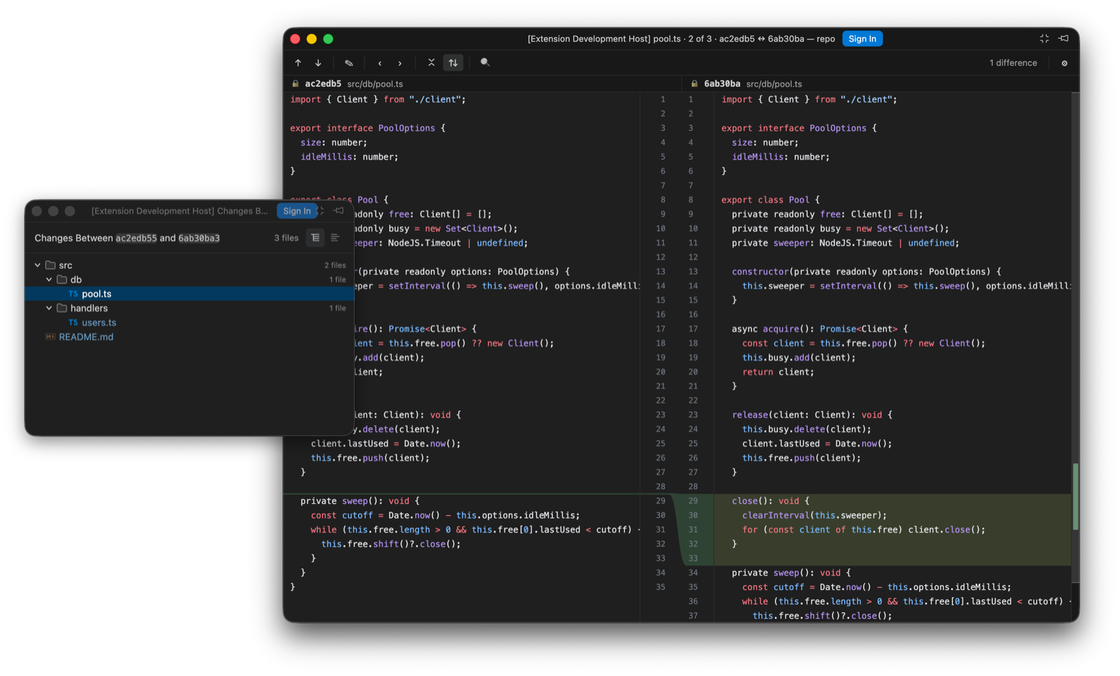 Two compact floating windows. The smaller lists the three files that differ between two commits. The larger shows pool.ts in Porcelain's diff viewer with paired line numbers, an added block in green, and a curved connector to the matching point on the left.