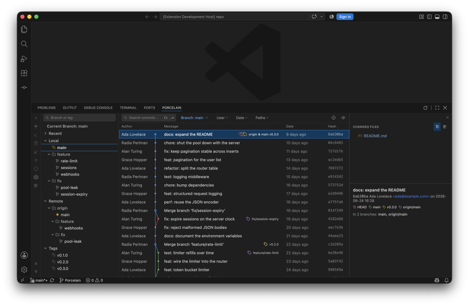 The Porcelain panel across the bottom of VS Code: a branch tree on the left, a colour-coded commit graph in the middle with author, message, date and hash columns, and the changed files and details of the selected commit on the right.