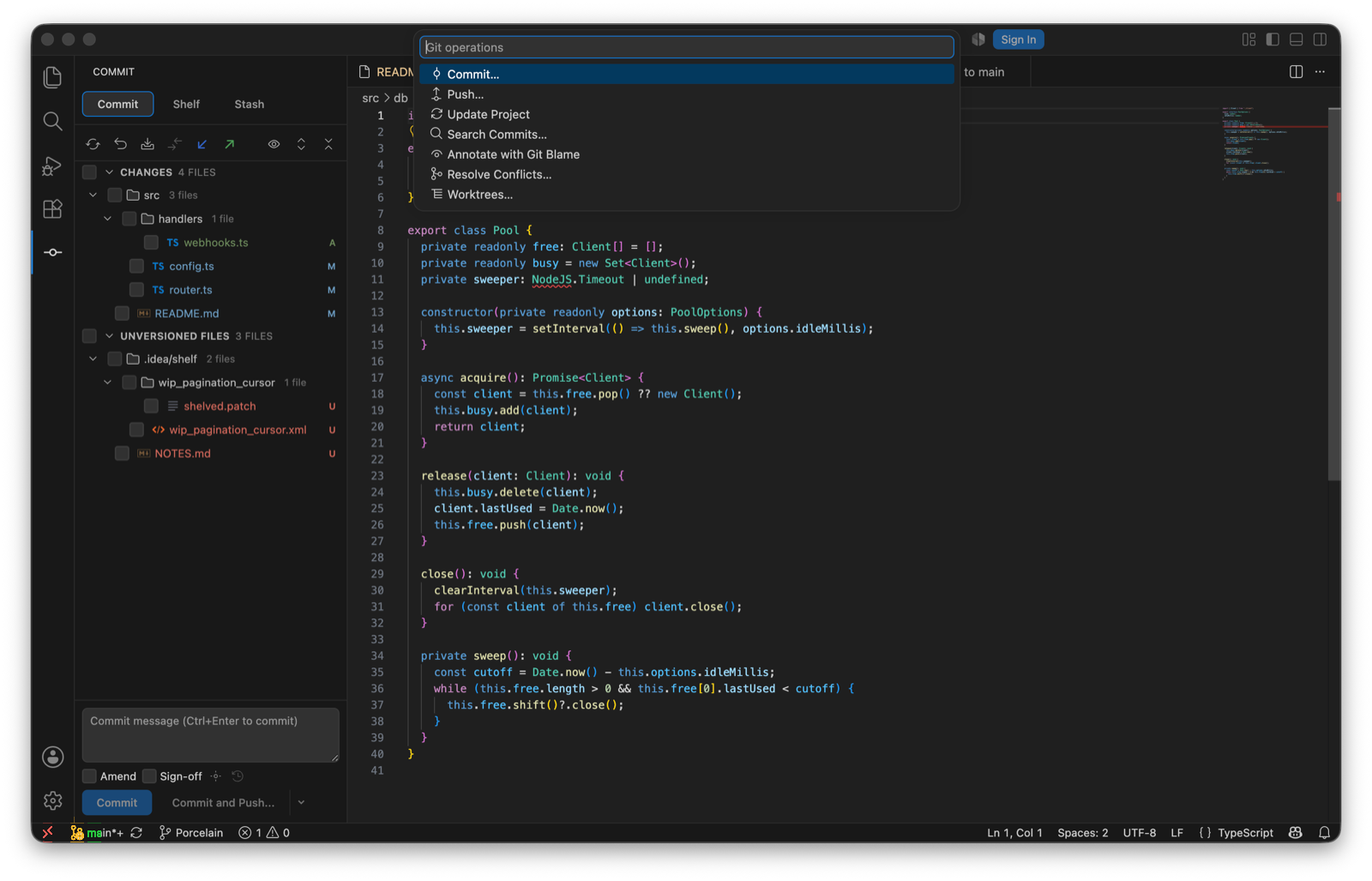 The Git operations quick pick: Commit…, Push…, Update Project, Search Commits…, Annotate with Git Blame, Resolve Conflicts…, Worktrees….