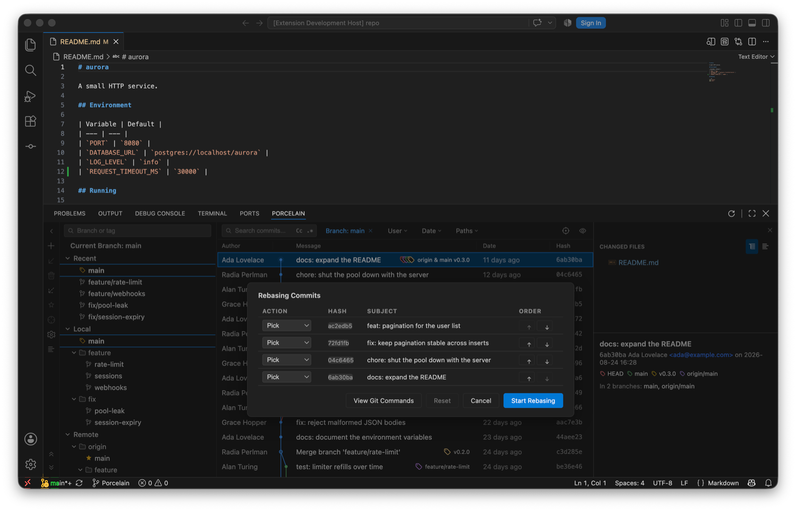 The Rebasing Commits dialog over the log: four rows with an Action dropdown set to Pick, the hash, the subject, and up and down arrows under Order. Below: View Git Commands, Reset, Cancel and Start Rebasing.