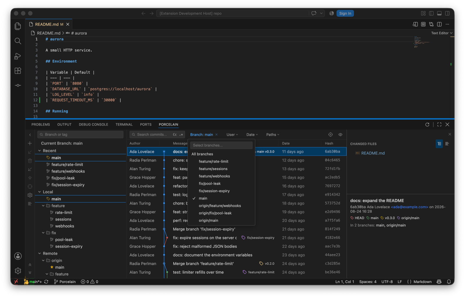 The Branch filter dropdown open over the log: a Select branches field, All branches, then every local and remote branch with a checkbox, main ticked.