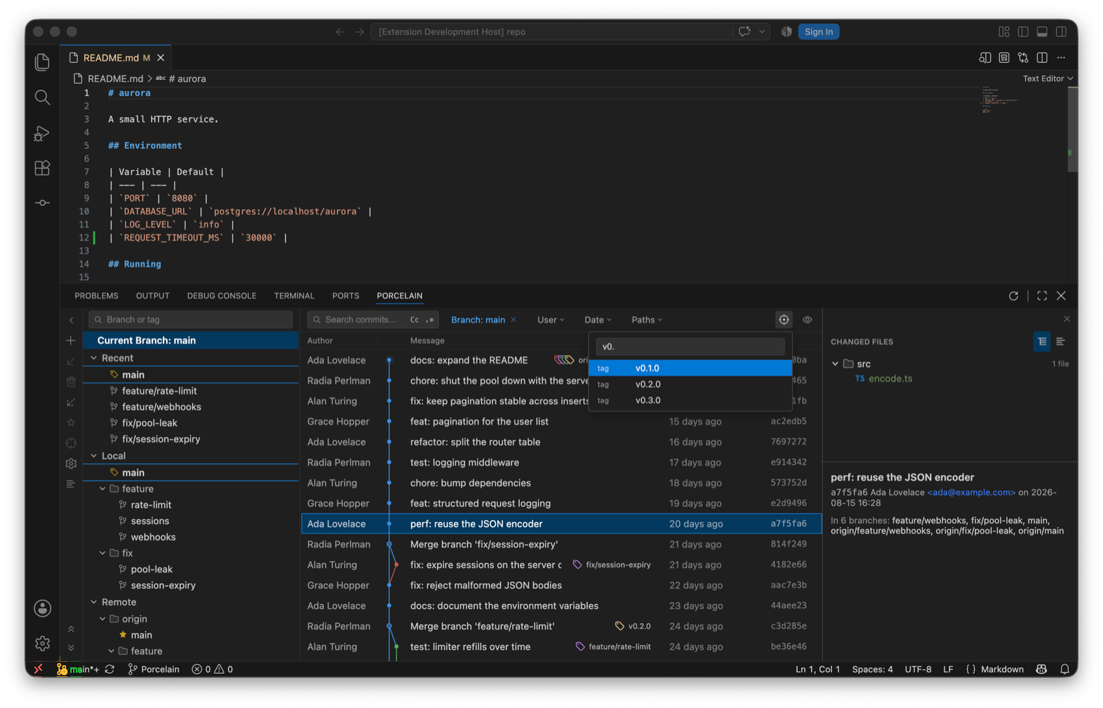 The Go to popup over the log with v0. typed, listing the tags v0.1.0, v0.2.0 and v0.3.0 with v0.1.0 highlighted.
