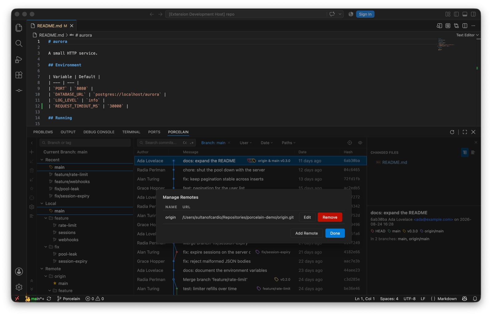 The Manage Remotes dialog over the log: a table with one row, origin and its URL, with Edit and Remove buttons, and Add Remote and Done below.