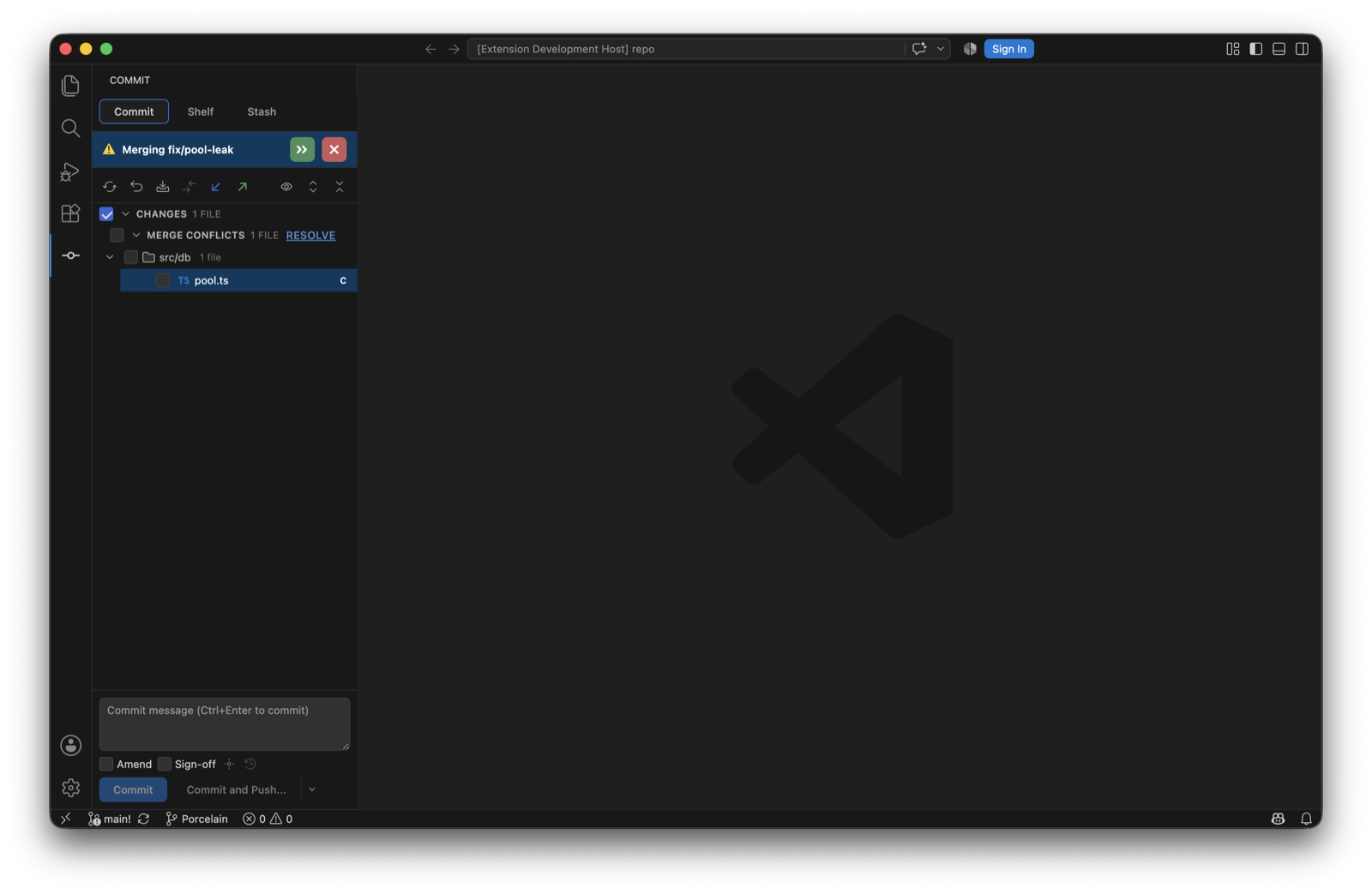 The Commit tool window during a merge. A banner reads Merging fix/pool-leak with continue and abort buttons. Below it, a Changes group contains a nested Merge Conflicts group with a Resolve link, holding a single conflicted file.