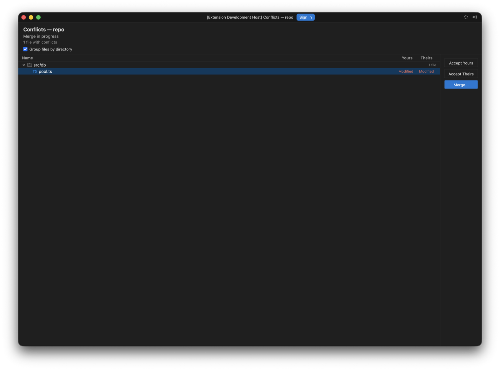 A compact floating window titled Conflicts. It lists one conflicted file with columns showing that both Yours and Theirs modified it, and buttons for Accept Yours, Accept Theirs and Merge.