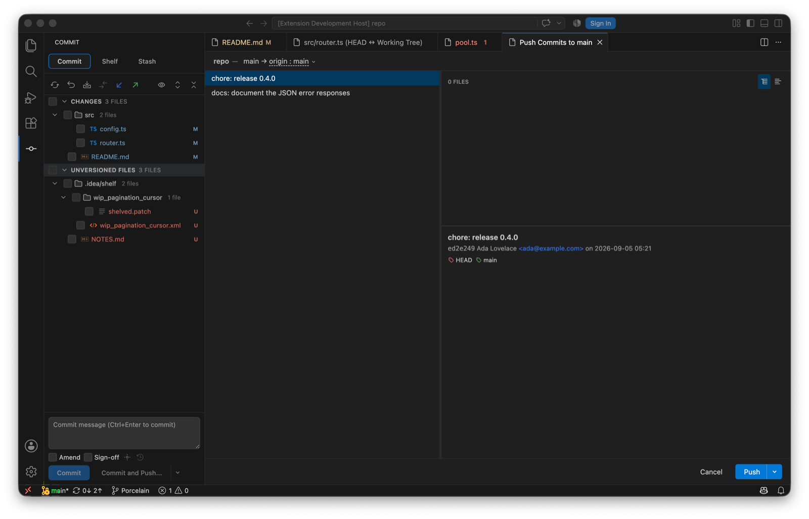 The Push Commits to main tab: main → origin : main in the header, two commits listed on the left with chore: release 0.4.0 selected, its files and details on the right, and Cancel and Push buttons with a dropdown for the options.