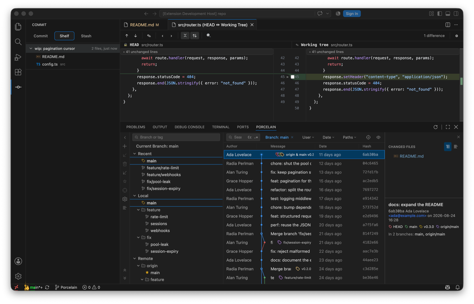 The Shelf tab: one shelf, wip: pagination cursor, 2 files, just now, expanded to README.md and config.ts.